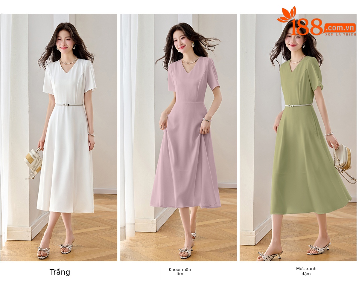 Đầm maxi nữ thắt eo cổ V dáng dài phối màu trơn — màu xanh đậm, màu tím, màu trắng chi tiết 8