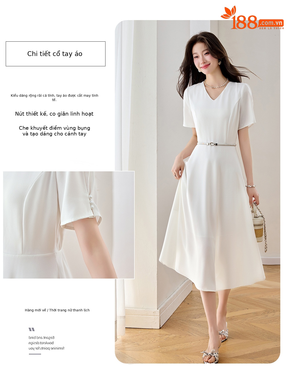 Đầm maxi nữ thắt eo cổ V dáng dài phối màu trơn — màu xanh đậm, màu tím, màu trắng chi tiết 5
