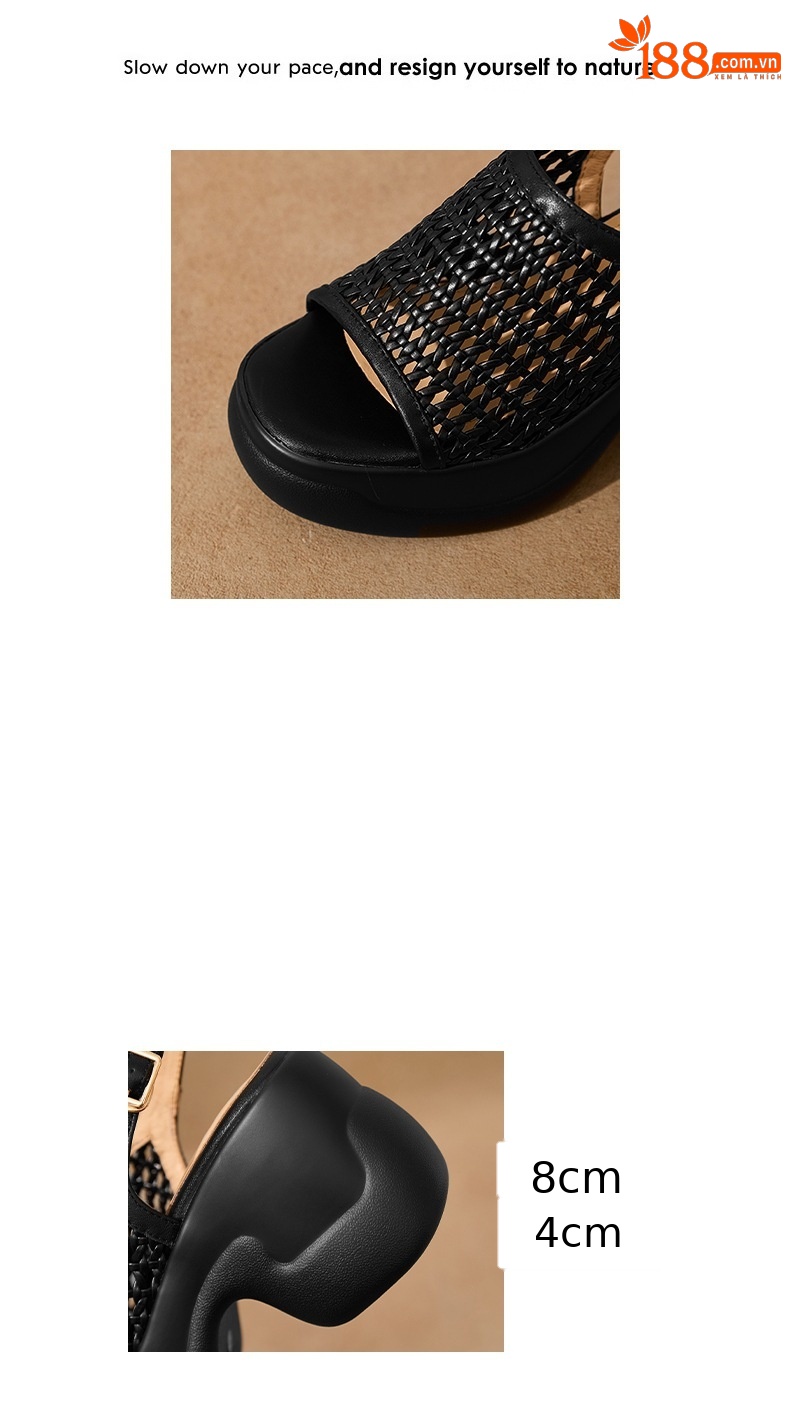 Sandal cao gót nữ mũi hở đế dày 8 cm kiểu dệt La Mã quai ngang — đen chi tiết 2