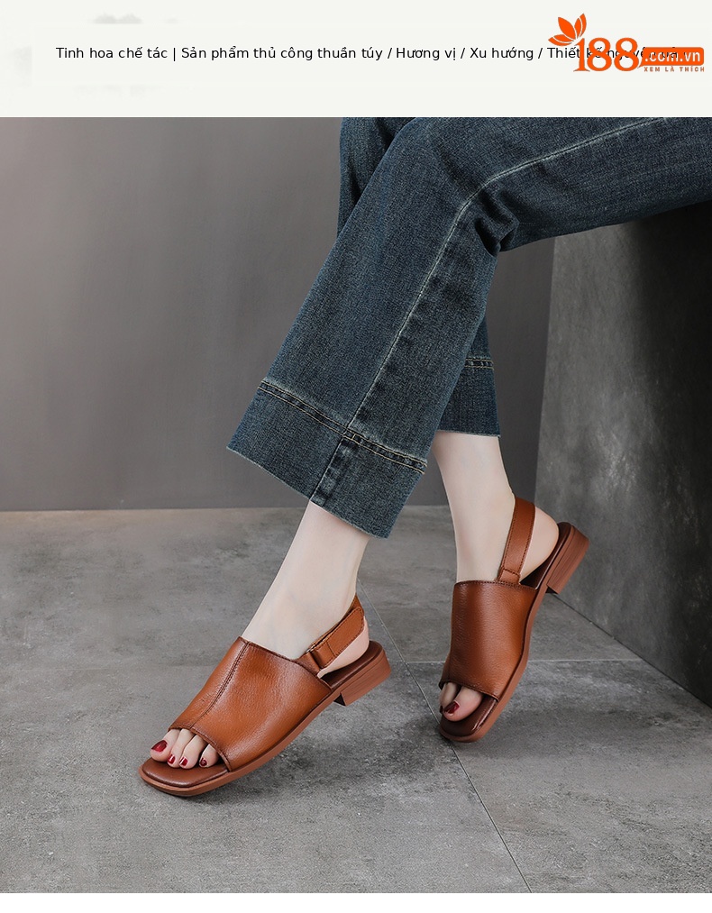 Sandal nữ da bò thật hở mũi phong cách cổ điển quai chữ V đế bệt mềm — màu nâu chi tiết 1