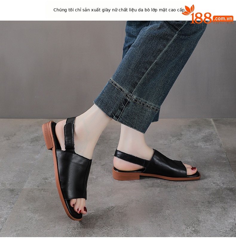 Sandal nữ da bò thật hở mũi phong cách cổ điển quai chữ V đế bệt mềm — màu nâu chi tiết 2