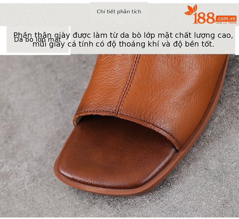 Sandal nữ da bò thật hở mũi phong cách cổ điển quai chữ V đế bệt mềm — màu nâu chi tiết 4