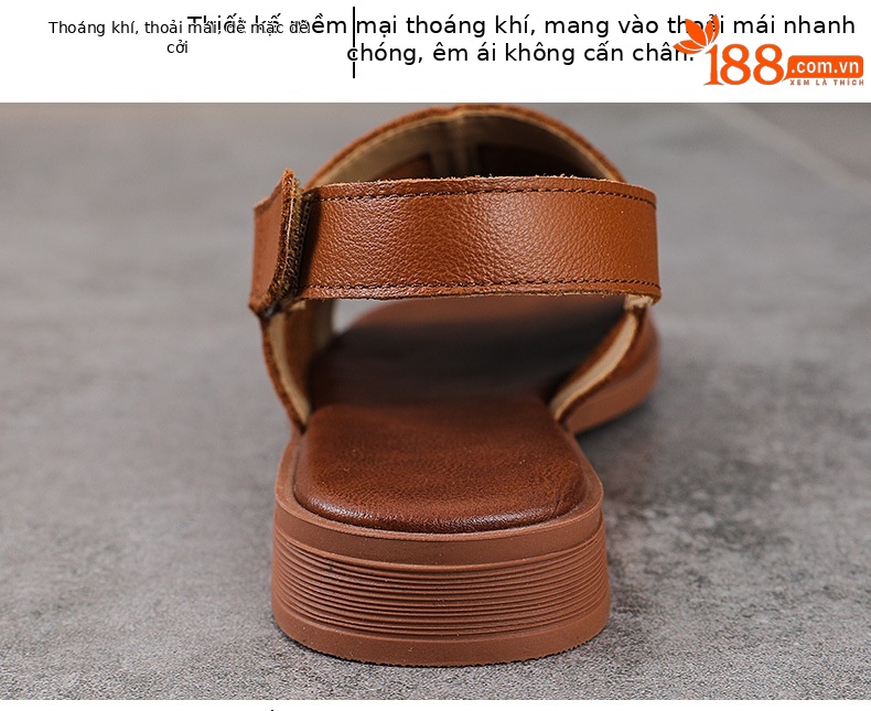 Sandal nữ da bò thật hở mũi phong cách cổ điển quai chữ V đế bệt mềm — màu nâu chi tiết 6