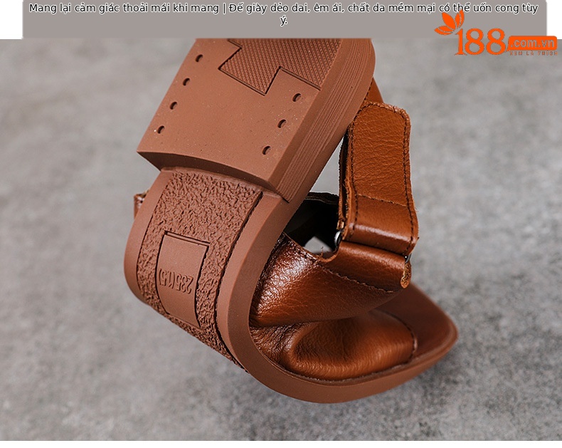 Sandal nữ da bò thật hở mũi phong cách cổ điển quai chữ V đế bệt mềm — màu nâu chi tiết 8
