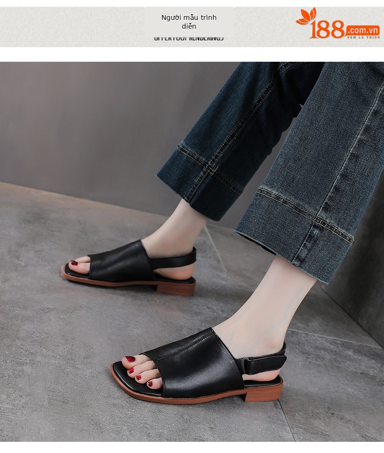 Sandal nữ da bò thật hở mũi phong cách cổ điển quai chữ V đế bệt mềm — màu nâu chi tiết 9