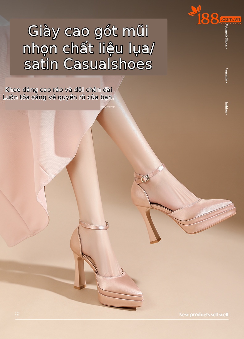 Sandal cao gót nữ mũi nhọn quai ngang chất liệu satin, gót 11 cm — Đen - 11cm chi tiết 1