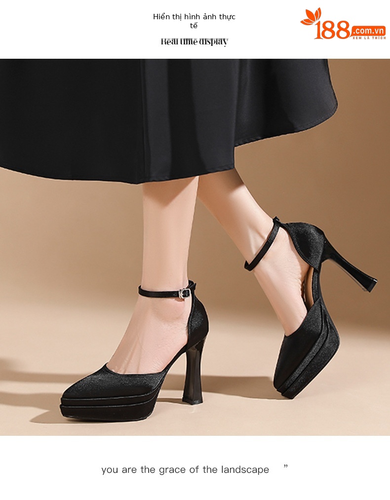Sandal cao gót nữ mũi nhọn quai ngang chất liệu satin, gót 11 cm — Đen - 11cm chi tiết 5