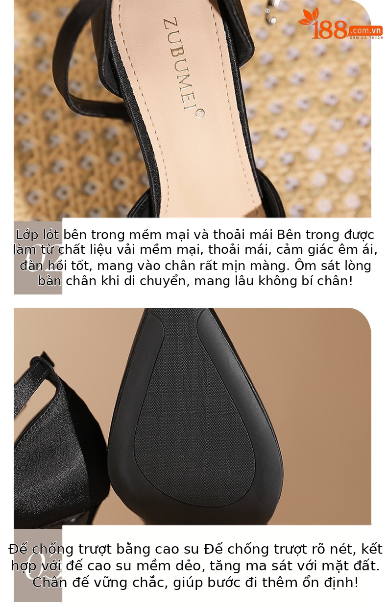 Sandal cao gót nữ mũi nhọn quai ngang chất liệu satin, gót 11 cm — Đen - 11cm chi tiết 4