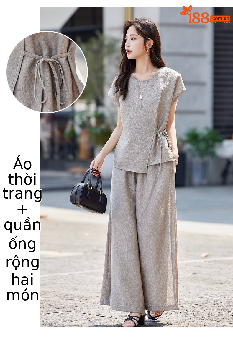 Bộ quần áo nữ mùa hè 2026 phong cách thời trang thanh lịch – Áo phối quần ống rộng che bụng GE62332 — màu xám đậm, màu xám nhạt chi tiết 3