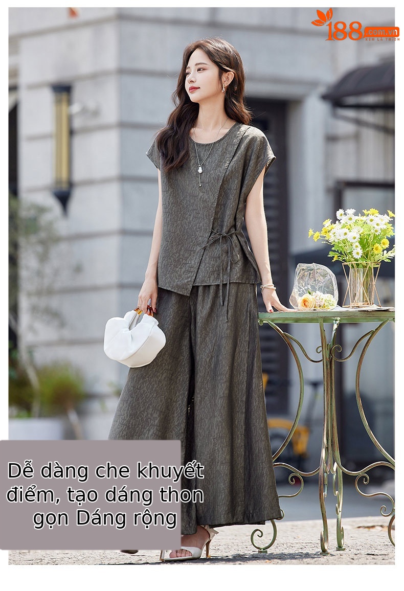 Bộ quần áo nữ mùa hè 2026 phong cách thời trang thanh lịch – Áo phối quần ống rộng che bụng GE62332 — màu xám đậm, màu xám nhạt chi tiết 5