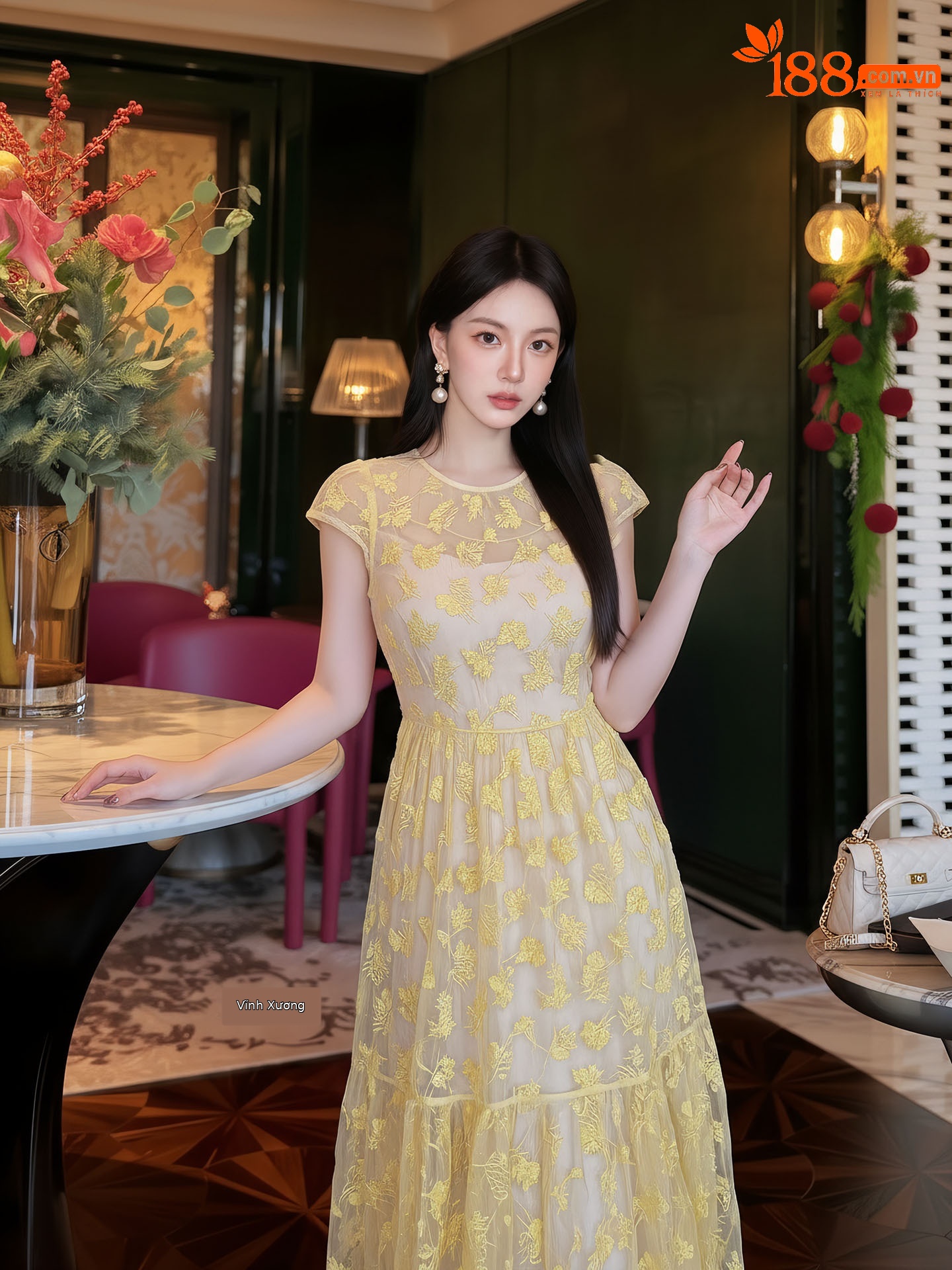 Đầm maxi nữ thêu ren hoa cổ điển tay ngắn thắt eo — màu sắc
