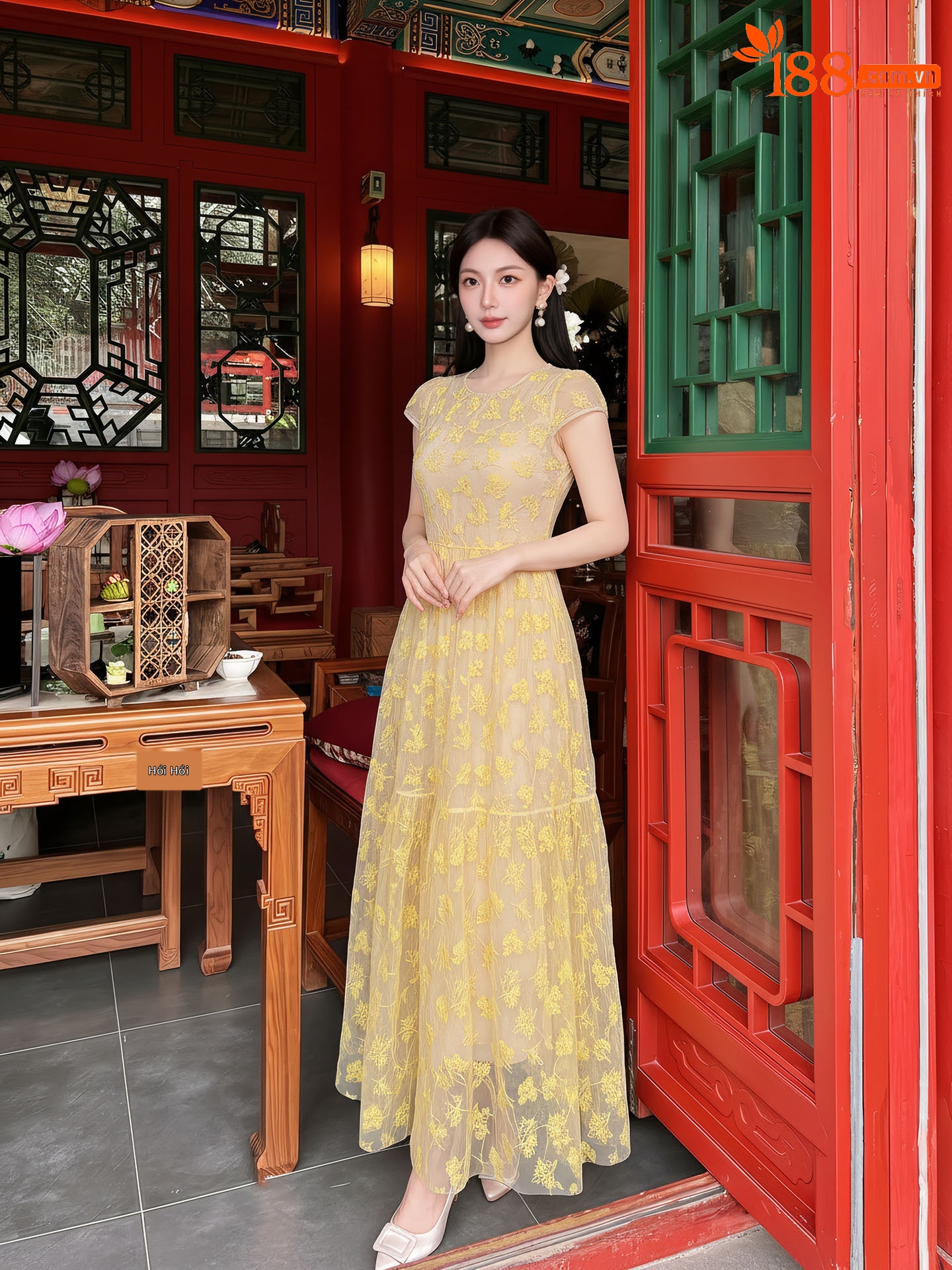 Đầm maxi nữ thêu ren hoa cổ điển tay ngắn thắt eo — màu sắc