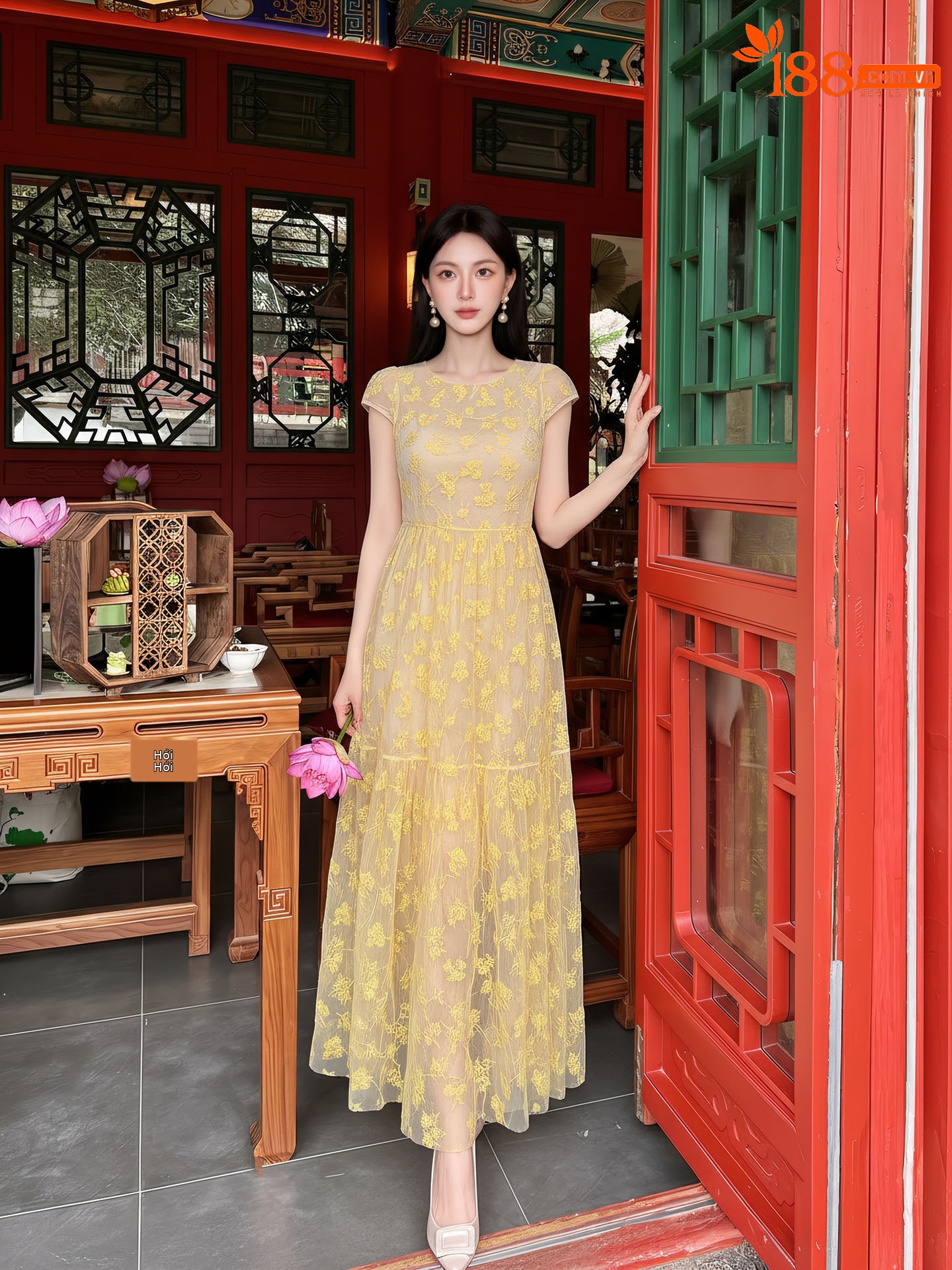 Đầm maxi nữ thêu ren hoa cổ điển tay ngắn thắt eo — màu sắc