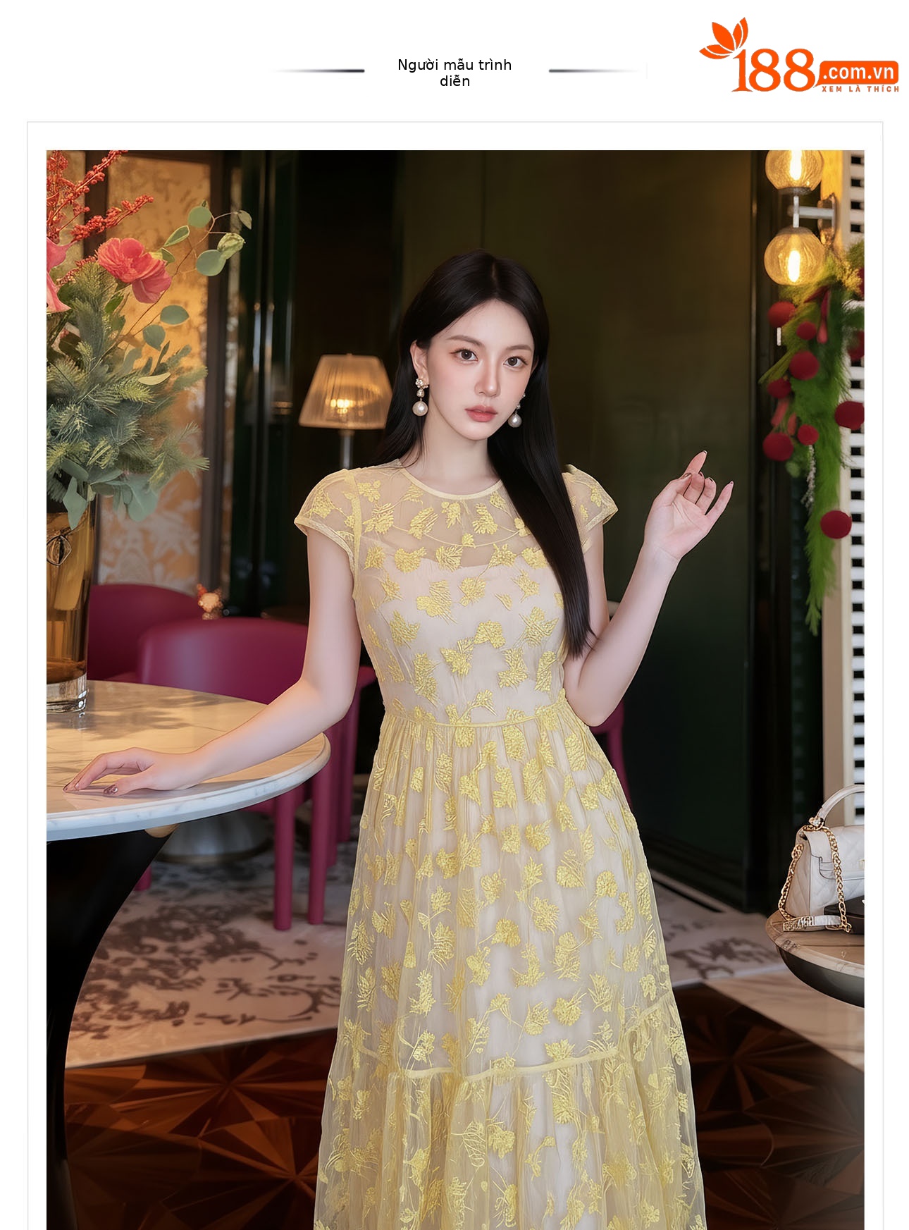 Đầm maxi nữ thêu ren hoa cổ điển tay ngắn thắt eo — màu sắc chi tiết 1