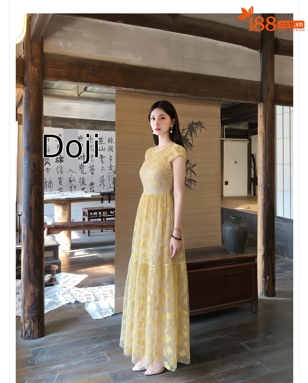 Đầm maxi nữ thêu ren hoa cổ điển tay ngắn thắt eo — màu sắc chi tiết 8