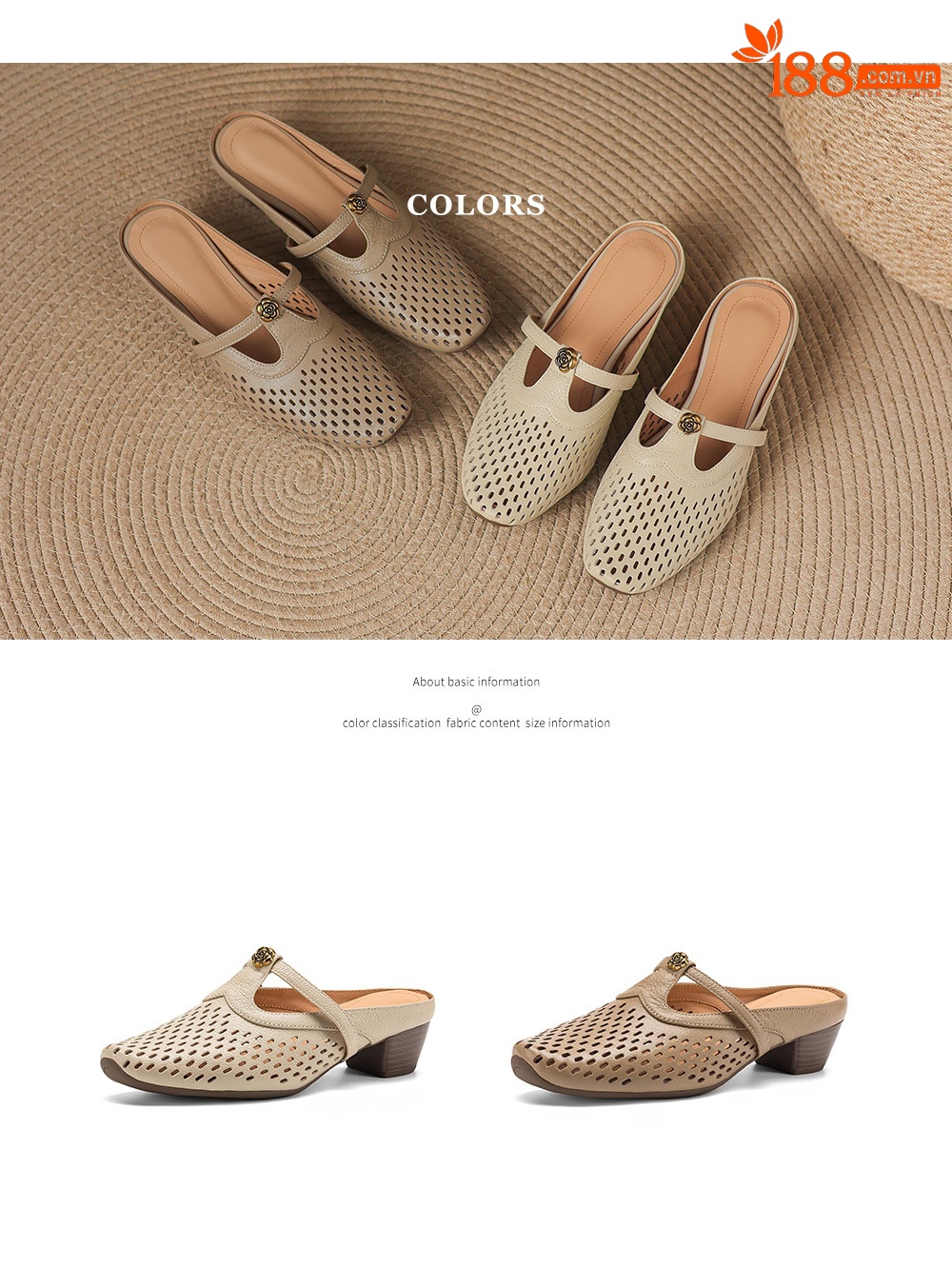 Dép sandal nữ quai chữ V da dê, gót thấp 3,5 cm, mũi kín hở gót — màu trắng ngà chi tiết 4