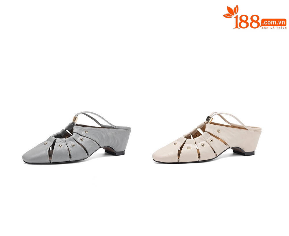 Sandal cao gót nữ mũi nhọn hở mũi, gót 5.5 cm, phong cách vintage đinh tán rỗng — Xám xanh chi tiết 3