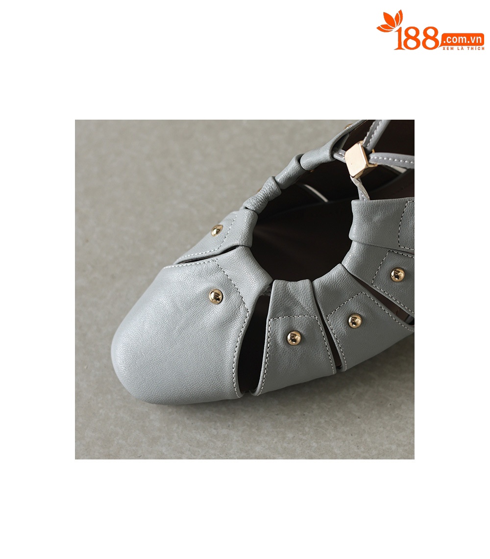 Sandal cao gót nữ mũi nhọn hở mũi, gót 5.5 cm, phong cách vintage đinh tán rỗng — Xám xanh chi tiết 8