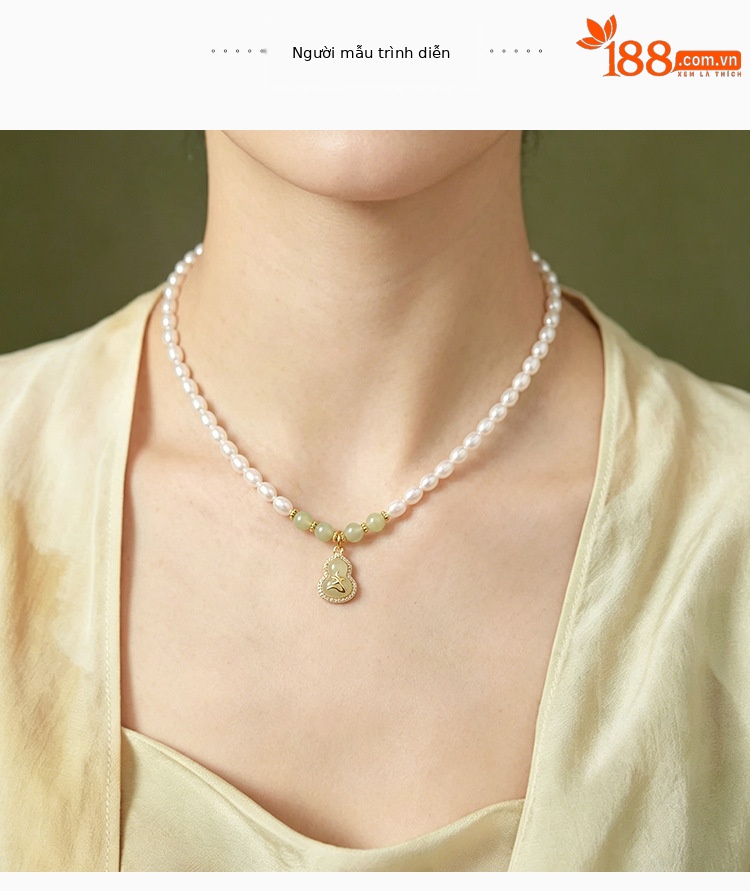 Dây chuyền bạc S925 mạ vàng đính ngọc trai nước ngọt và ngọc bích hồ lô — Bộ dây chuyền chi tiết 3