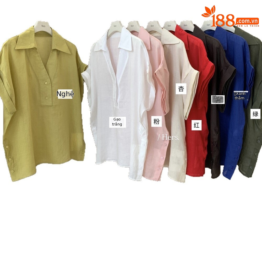 Áo sơ mi nữ linen tay ngắn cổ V phong cách Pháp — nghệ, màu hồng, màu trắng, màu mơ