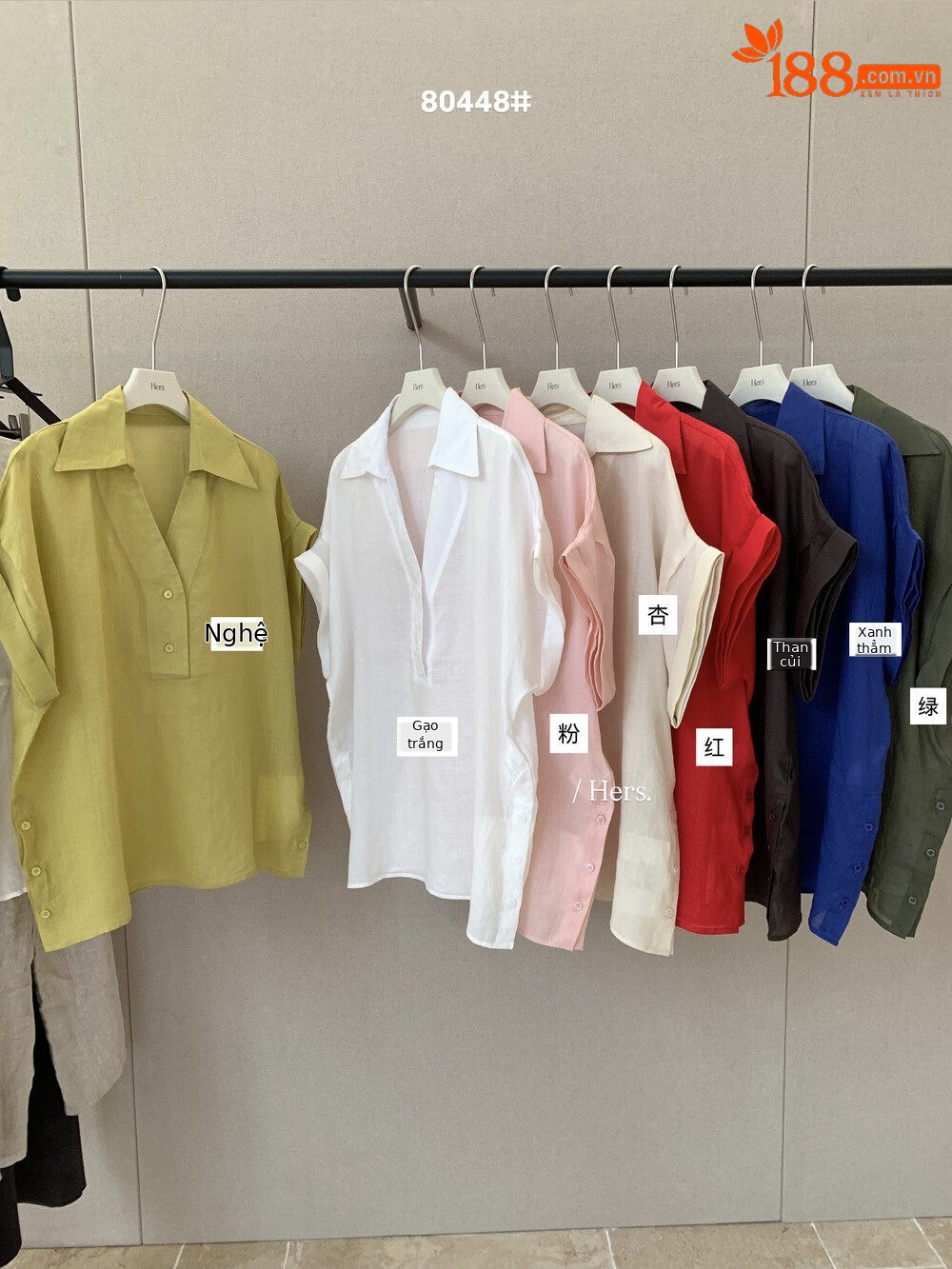 Áo sơ mi nữ linen tay ngắn cổ V phong cách Pháp — nghệ, màu hồng, màu trắng, màu mơ chi tiết 2