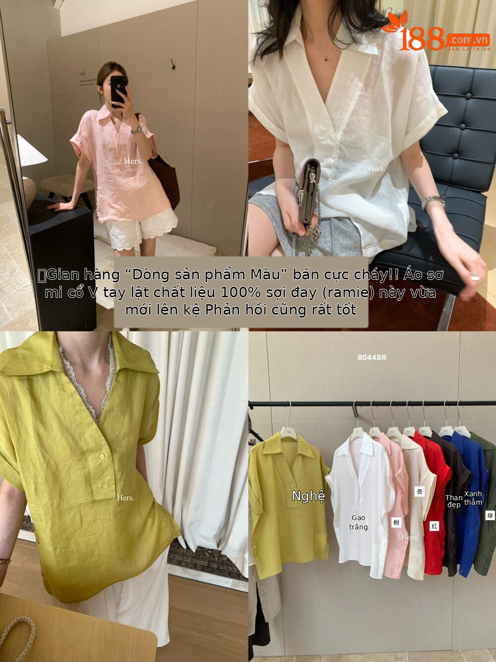 Áo sơ mi nữ linen tay ngắn cổ V phong cách Pháp — nghệ, màu hồng, màu trắng, màu mơ chi tiết 23