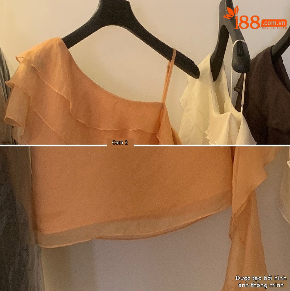 Áo sơ mi nữ một vai xếp tầng phối ren, tay ngắn, phong cách Hàn Quốc — màu đen, Màu cà phê, màu cam, màu mơ chi tiết 7
