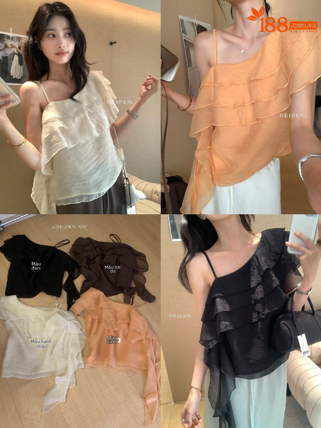 Áo sơ mi nữ một vai xếp tầng phối ren, tay ngắn, phong cách Hàn Quốc — màu đen, Màu cà phê, màu cam, màu mơ chi tiết 50