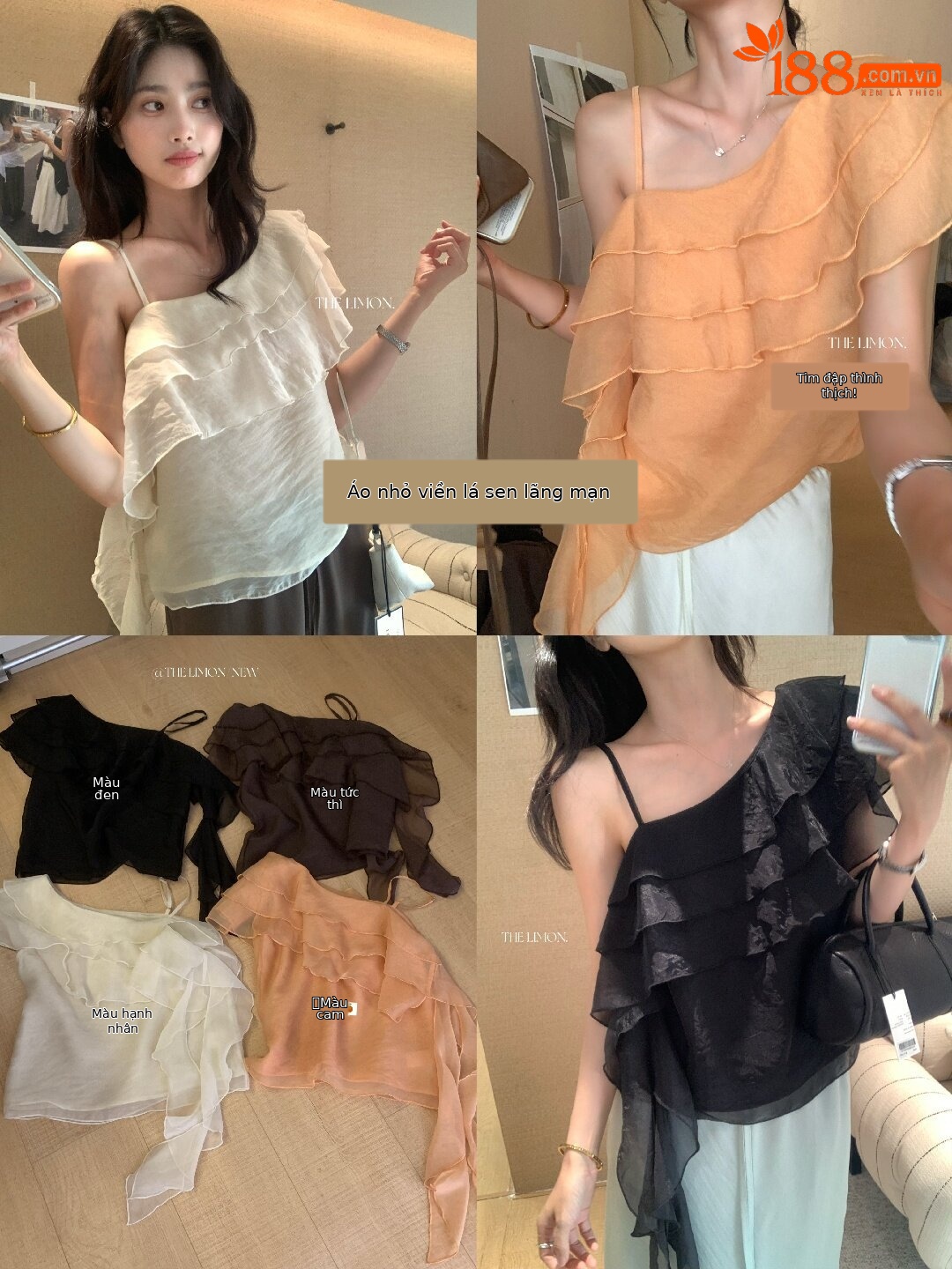 Áo sơ mi nữ một vai xếp tầng phối ren, tay ngắn, phong cách Hàn Quốc — màu đen, Màu cà phê, màu cam, màu mơ chi tiết 51