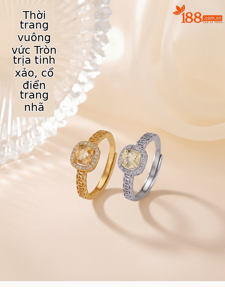 Nhẫn nữ bạc S925 mạ vàng đính đá cubic zirconia hình vuông mặt xu, kiểu mở điều chỉnh — Loại bạc chi tiết 1