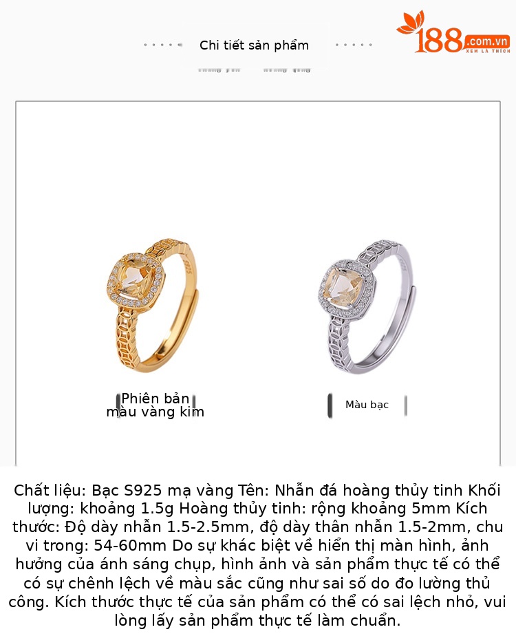 Nhẫn nữ bạc S925 mạ vàng đính đá cubic zirconia hình vuông mặt xu, kiểu mở điều chỉnh — Loại bạc chi tiết 2