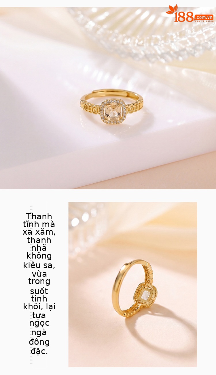 Nhẫn nữ bạc S925 mạ vàng đính đá cubic zirconia hình vuông mặt xu, kiểu mở điều chỉnh — Loại bạc chi tiết 3