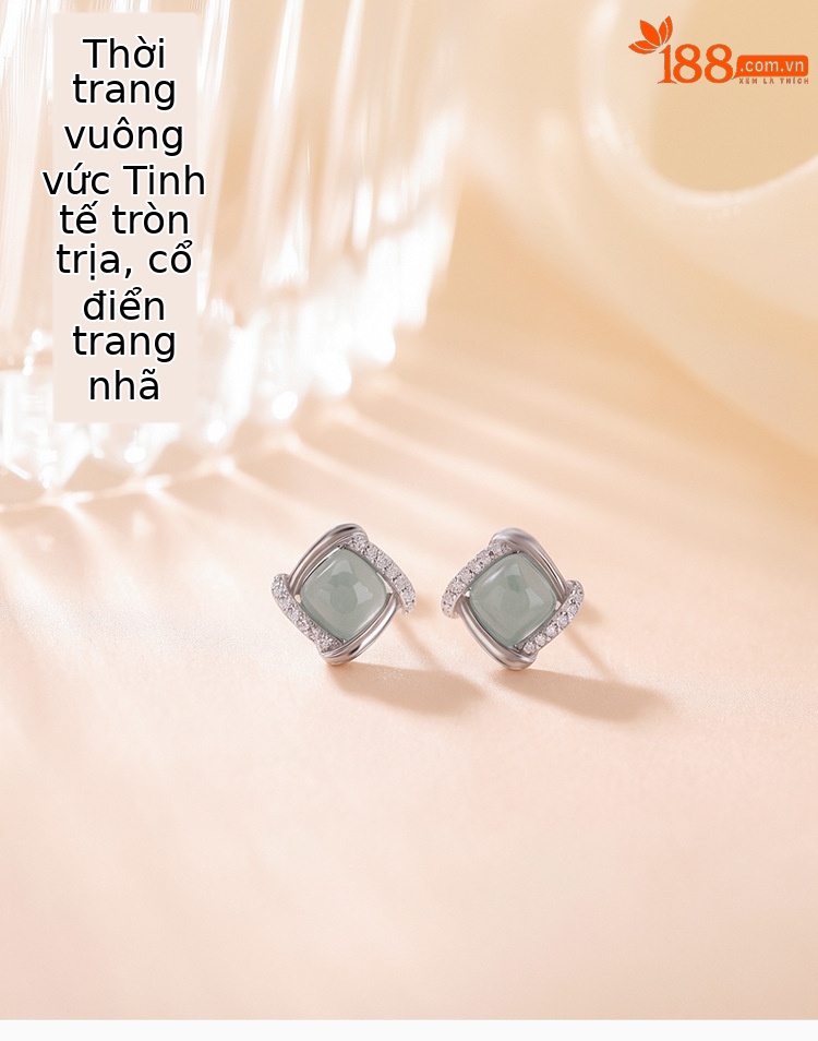 Bông tai bạc S925 mạ vàng đính đá xanh lam hình vuông phong cách tối giản — Một đôi chi tiết 1