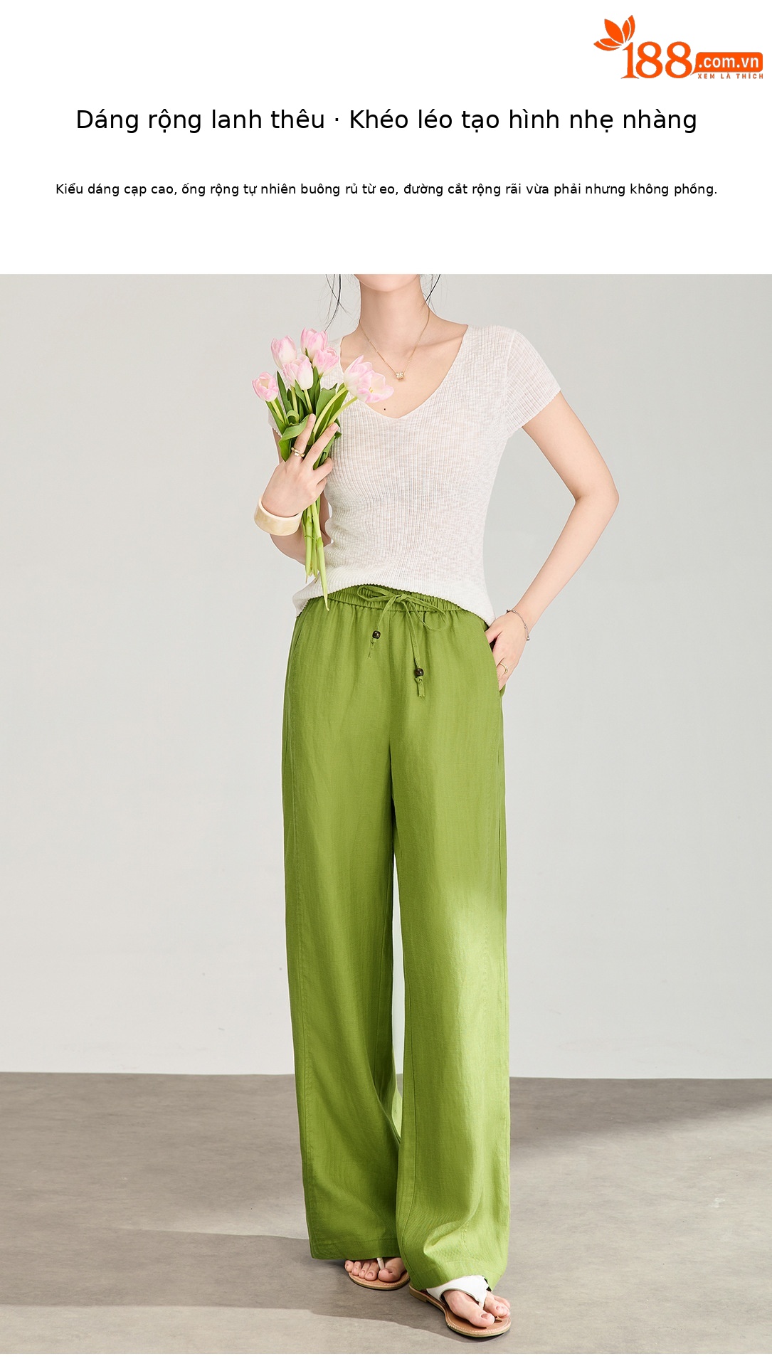 Quần culottes nữ ống rộng chất liệu linen phối lụa, cạp chun rút dây, dáng suông mềm mại — màu xanh táo chi tiết 5