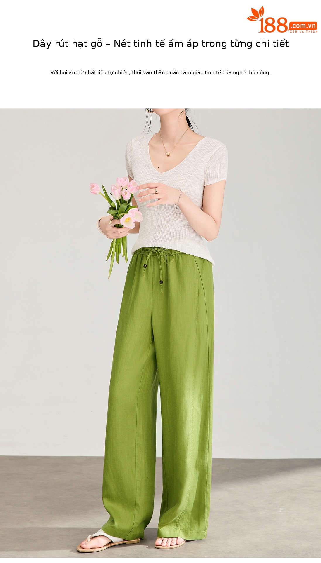 Quần culottes nữ ống rộng chất liệu linen phối lụa, cạp chun rút dây, dáng suông mềm mại — màu xanh táo chi tiết 6