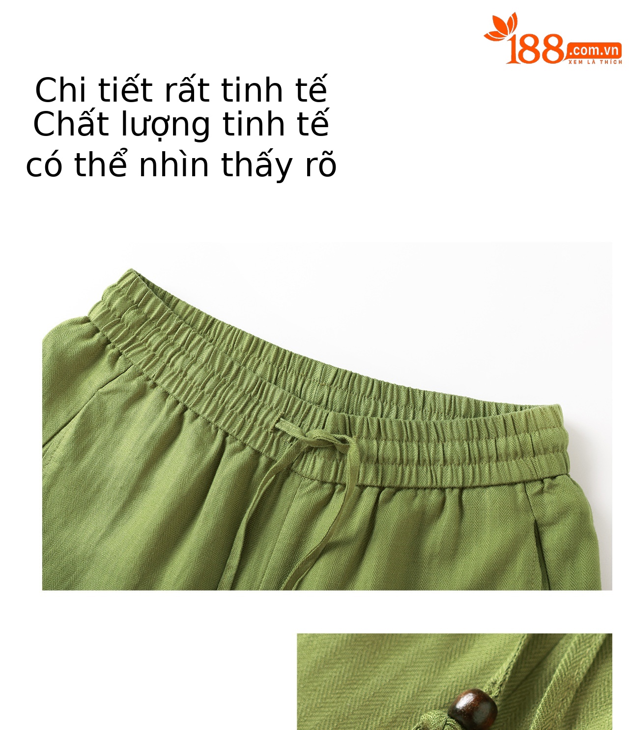 Quần culottes nữ ống rộng chất liệu linen phối lụa, cạp chun rút dây, dáng suông mềm mại — màu xanh táo chi tiết 7