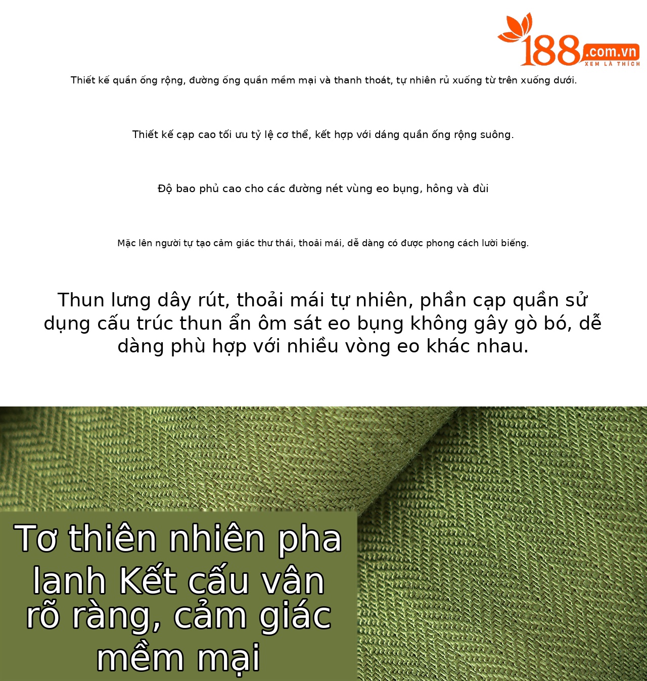 Quần culottes nữ ống rộng chất liệu linen phối lụa, cạp chun rút dây, dáng suông mềm mại — màu xanh táo chi tiết 3