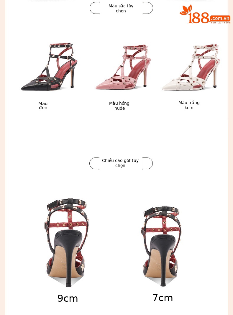 Sandal cao gót nữ mũi nhọn đinh tán da thật quai một chữ — Đen 7cm và cao chi tiết 2