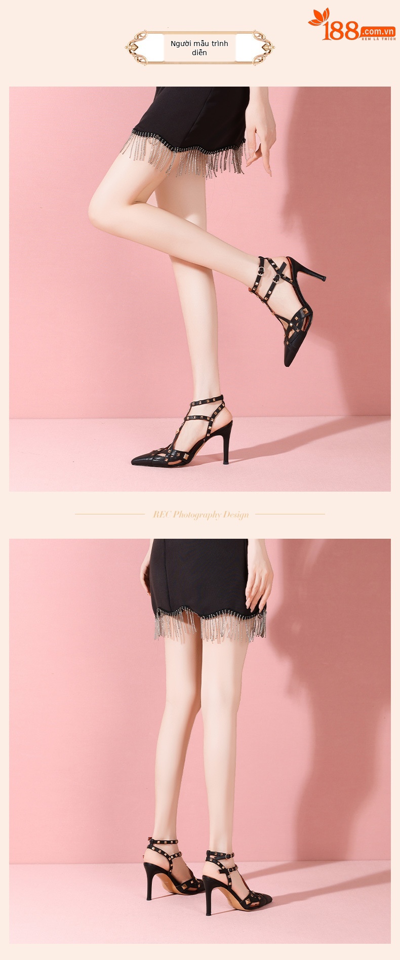 Sandal cao gót nữ mũi nhọn đinh tán da thật quai một chữ — Đen 7cm và cao chi tiết 5