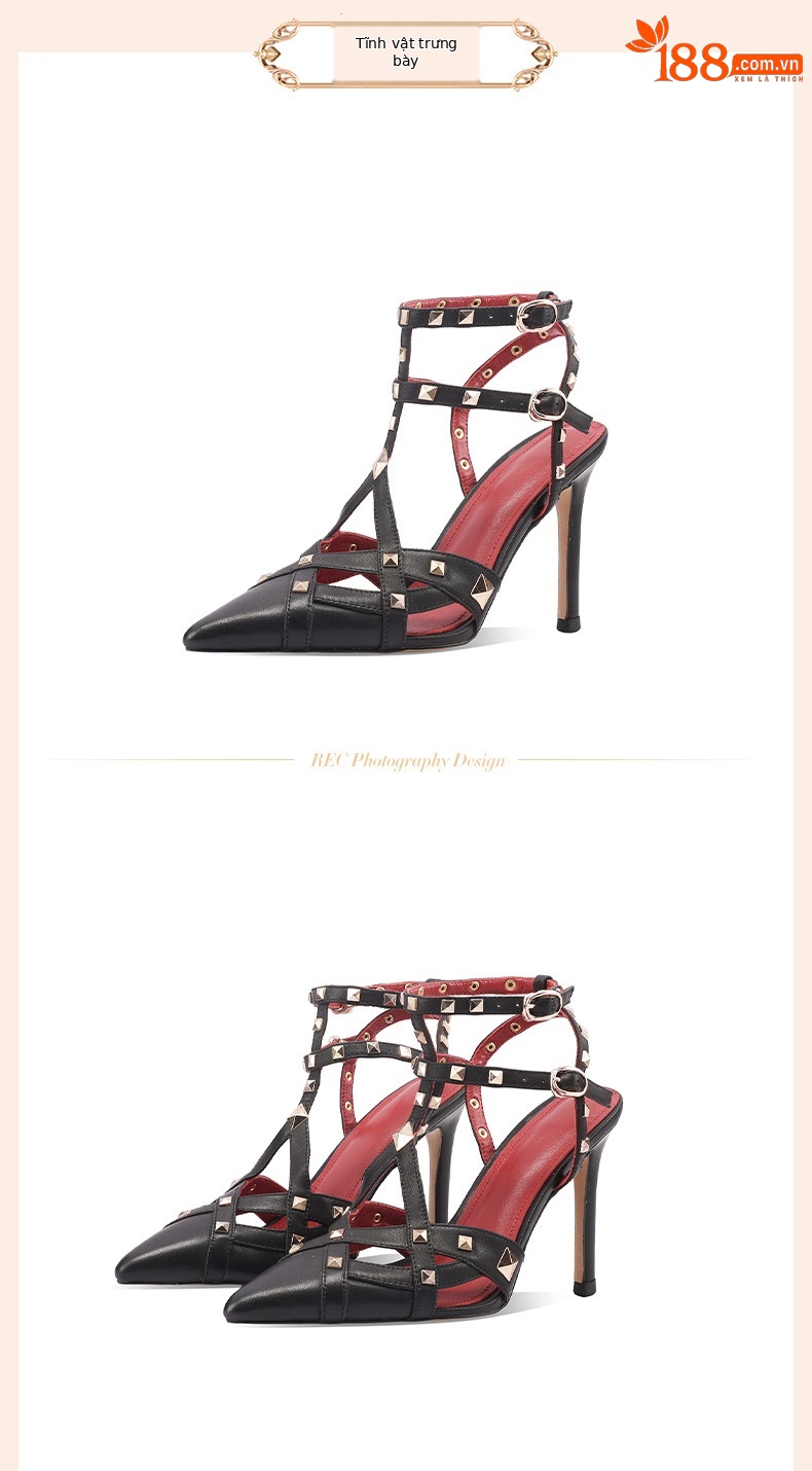 Sandal cao gót nữ mũi nhọn đinh tán da thật quai một chữ — Đen 7cm và cao chi tiết 11
