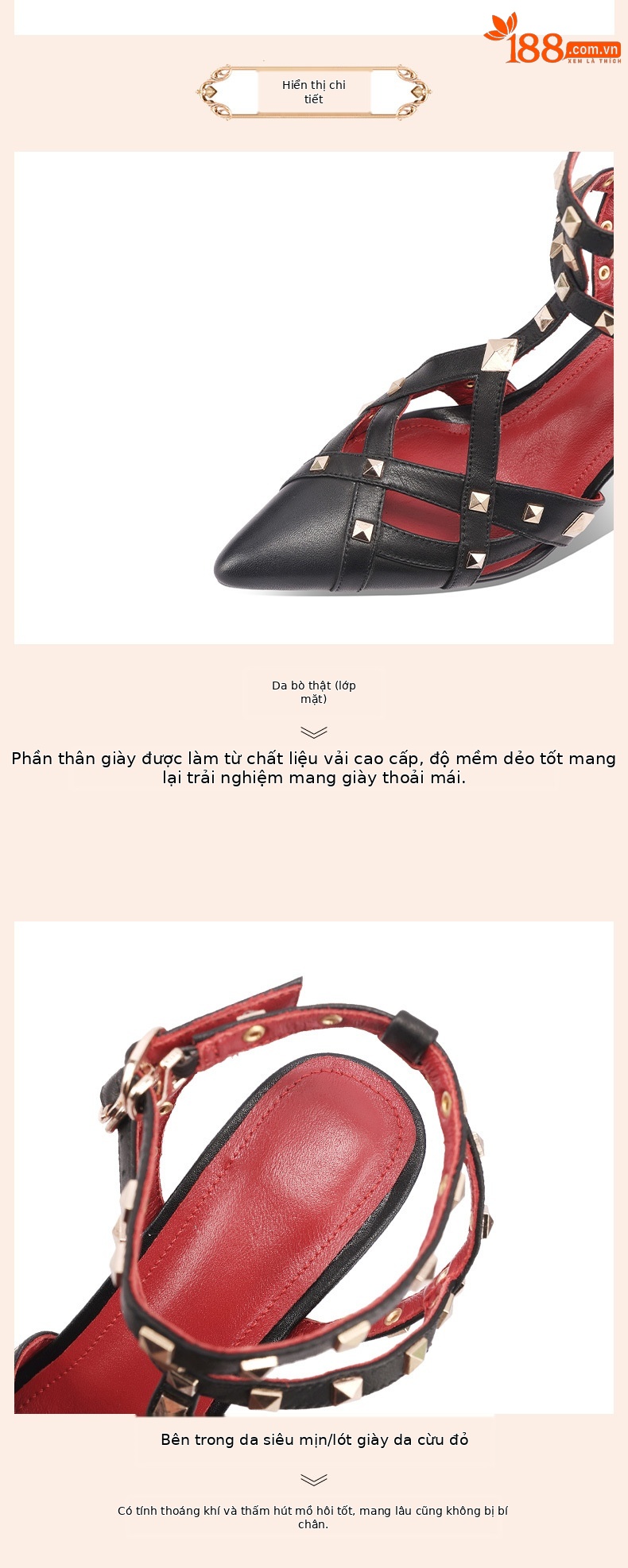 Sandal cao gót nữ mũi nhọn đinh tán da thật quai một chữ — Đen 7cm và cao chi tiết 3