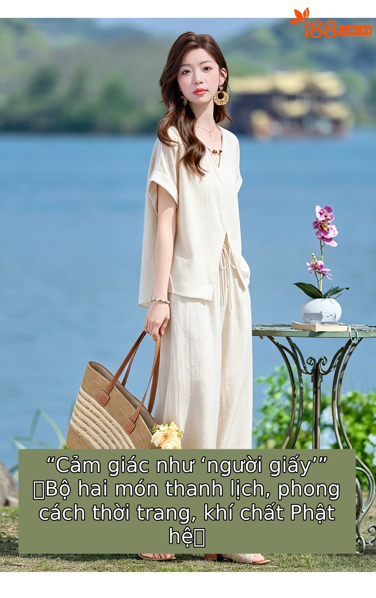 Bộ quần áo nữ hai mảnh gồm áo thun cổ V rộng và quần dài ống rộng phong cách tối giản — Cam đỏ, Màu cà phê nhạt, màu trắng ngà chi tiết 2