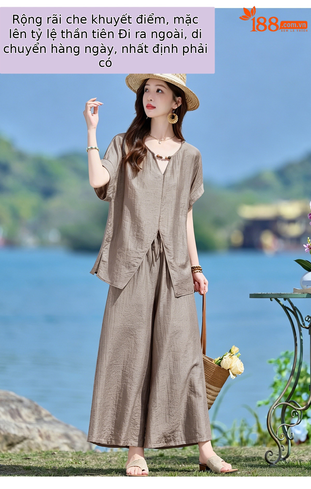 Bộ quần áo nữ hai mảnh gồm áo thun cổ V rộng và quần dài ống rộng phong cách tối giản — Cam đỏ, Màu cà phê nhạt, màu trắng ngà chi tiết 3