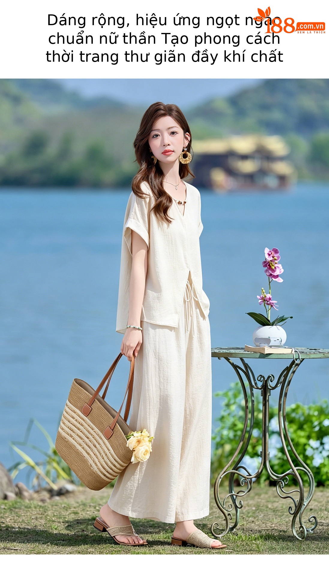 Bộ quần áo nữ hai mảnh gồm áo thun cổ V rộng và quần dài ống rộng phong cách tối giản — Cam đỏ, Màu cà phê nhạt, màu trắng ngà chi tiết 4