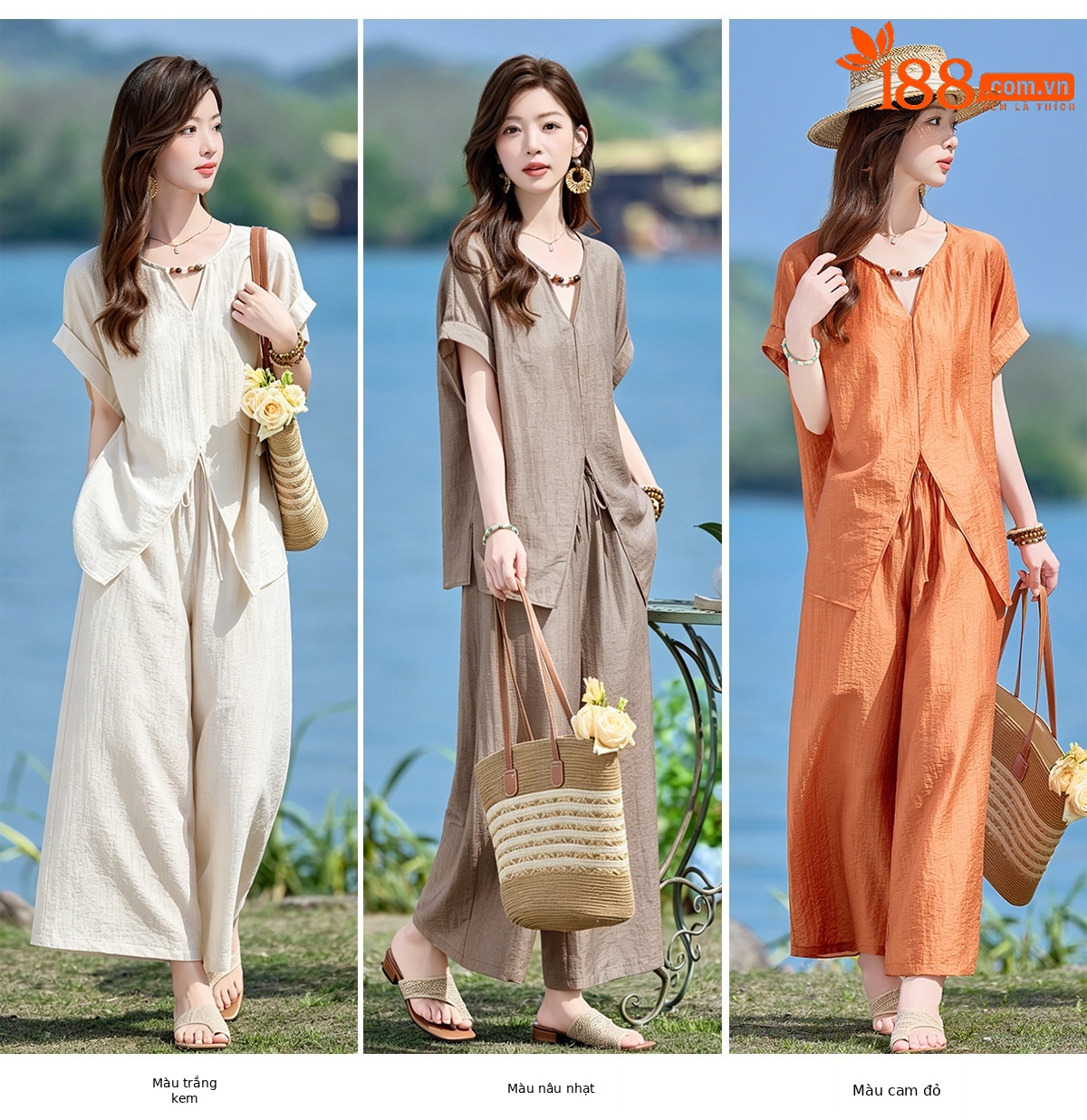 Bộ quần áo nữ hai mảnh gồm áo thun cổ V rộng và quần dài ống rộng phong cách tối giản — Cam đỏ, Màu cà phê nhạt, màu trắng ngà chi tiết 7