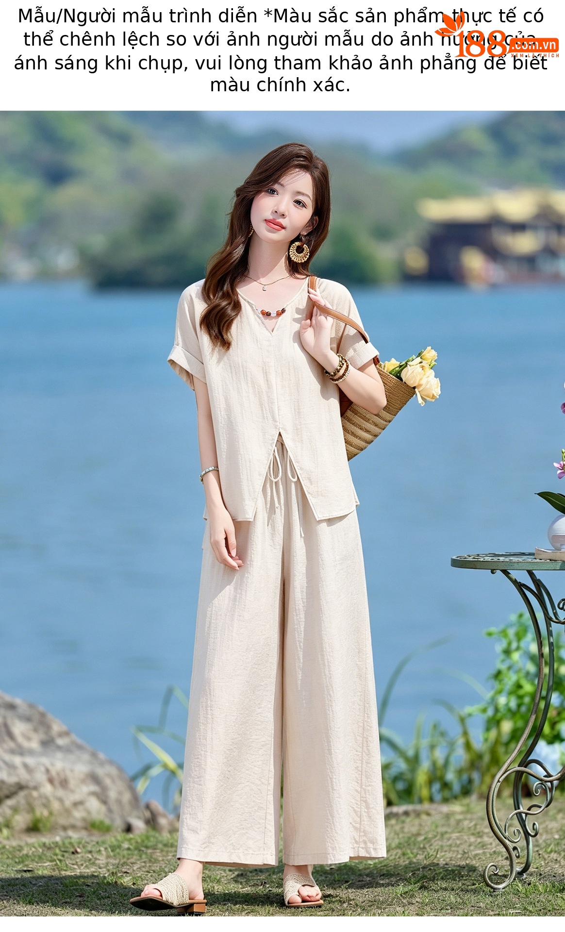 Bộ quần áo nữ hai mảnh gồm áo thun cổ V rộng và quần dài ống rộng phong cách tối giản — Cam đỏ, Màu cà phê nhạt, màu trắng ngà chi tiết 8