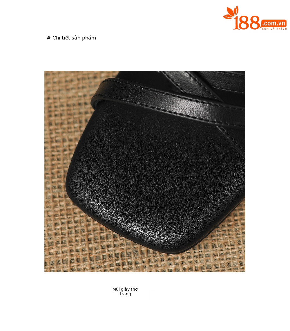 Sandal nữ da cừu hở mũi gót thô đầu vuông quai ngang — Da cừu đen chi tiết 18