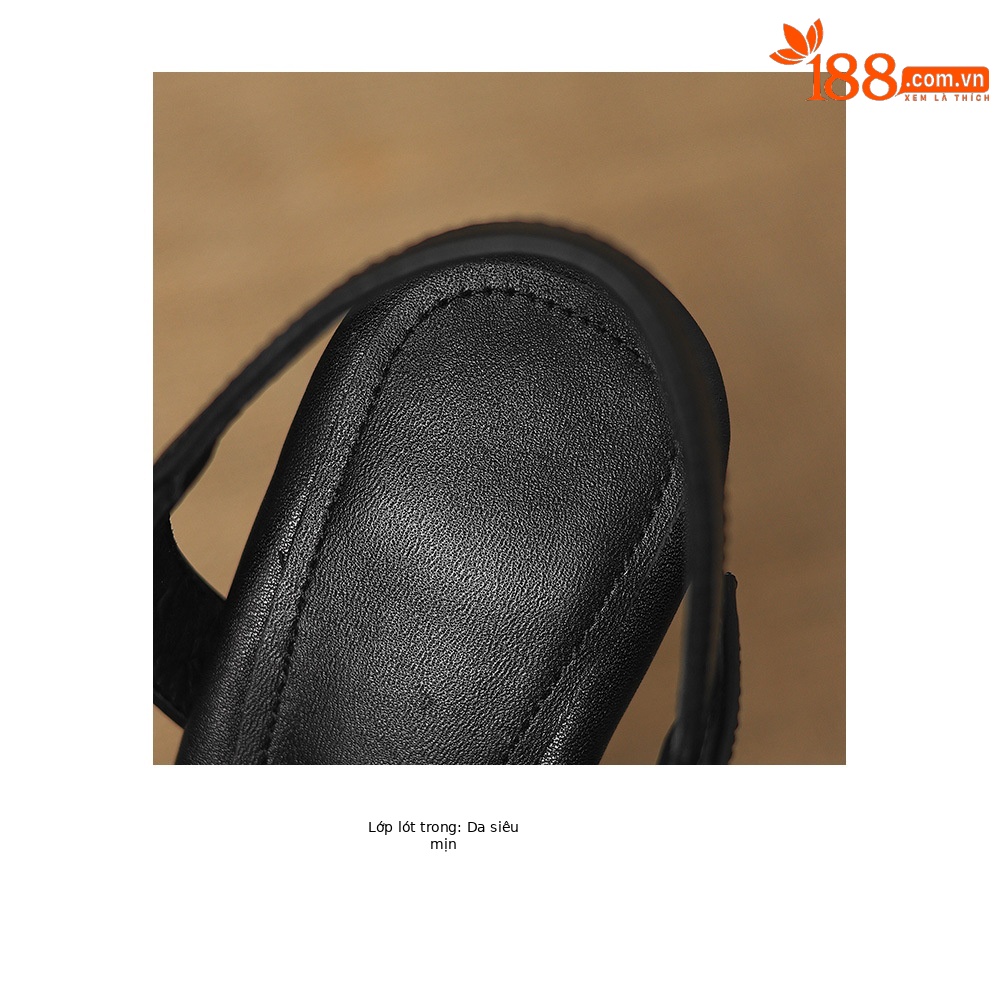 Sandal nữ da cừu hở mũi gót thô đầu vuông quai ngang — Da cừu đen chi tiết 21