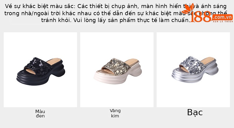 Dép sandal xỏ ngón nữ đế xuồng cao 5 cm, mũi hở, phối sequin lấp lánh — màu đen, màu vàng, bạc chi tiết 3