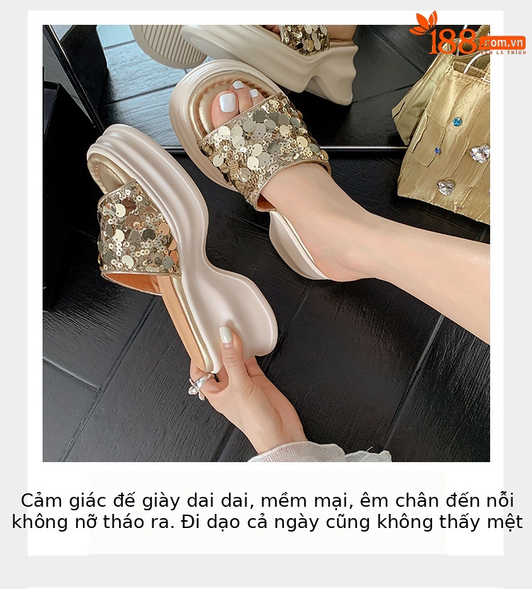 Dép sandal xỏ ngón nữ đế xuồng cao 5 cm, mũi hở, phối sequin lấp lánh — màu đen, màu vàng, bạc chi tiết 6